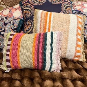 Anthropologie Set/2 Fabianna Crochet Indoor Outdoor Pillows Orange Pink Stripes